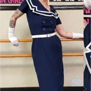 Bettie Page Navy Asymmetrical Dress with White Trim